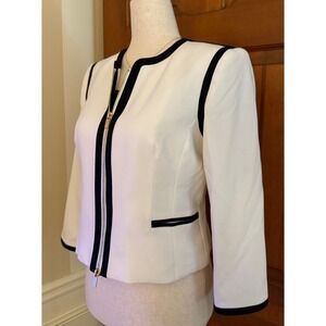 Calvin Klein Blazer Women 6P Petite White/Black Cropped‎ Full-Zip Jacket Career
